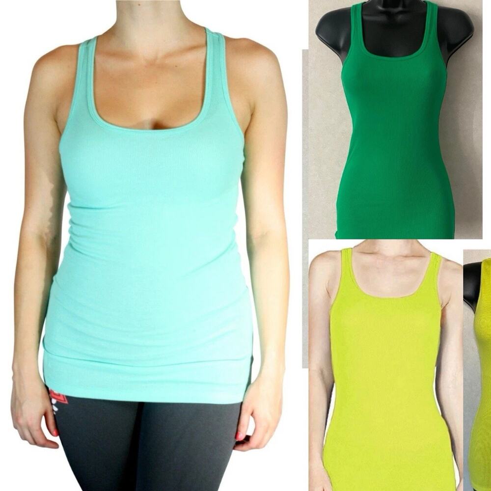 3x ACTIVE BASIC Scoop Neck Racerback Rib Tank Top Women Neon Green Teal‎ Small